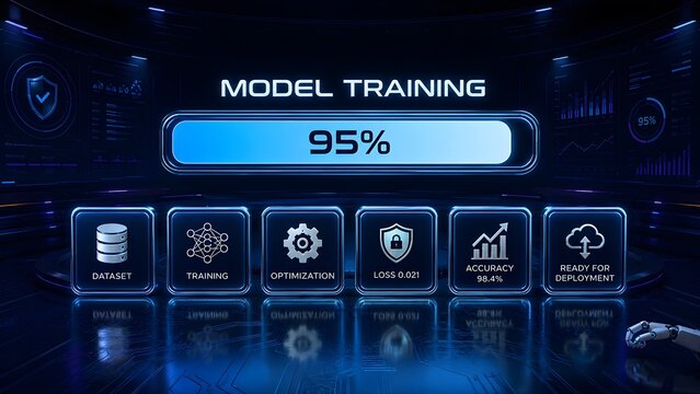 Futuristic Sci-Fi Control Room with Holographic Screen Showing AI Machine Learning Model Training