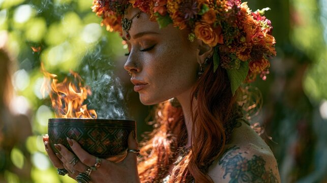 Side profile of a young woman with long red hair wearing a vibrant floral crown, holding a bowl with burning flames in a lush forest