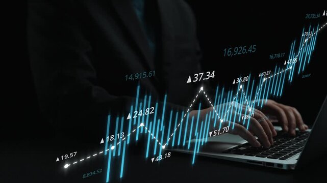 Stock market analysis with candlestick chart and price movement trend line, highlighting global financial trends, stock trading, and investment strategy insights Marrow