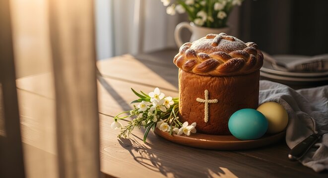 Easter cake kulich or paska with eggs and flowers on a wooden table with sunlight