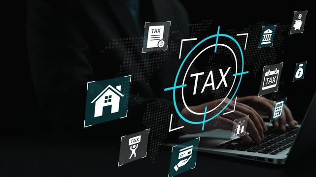 Hands of a Business Professional Managing Digital Tax Symbols and Icons on a Laptop with Black Background in a Modern Office Environment Gluon.