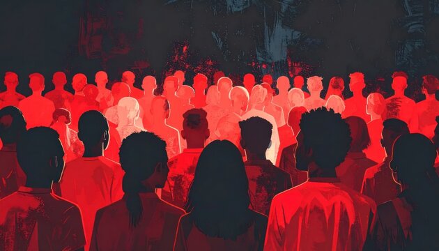 Digitally painted crowd of diverse figures, lit by a deep red glow against a dark backdrop