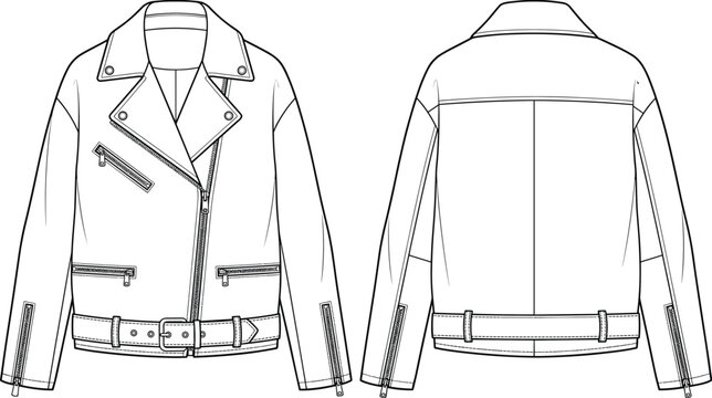 Technical flat sketch vector illustration of a women leather biker jacket front and back view for apparel design template