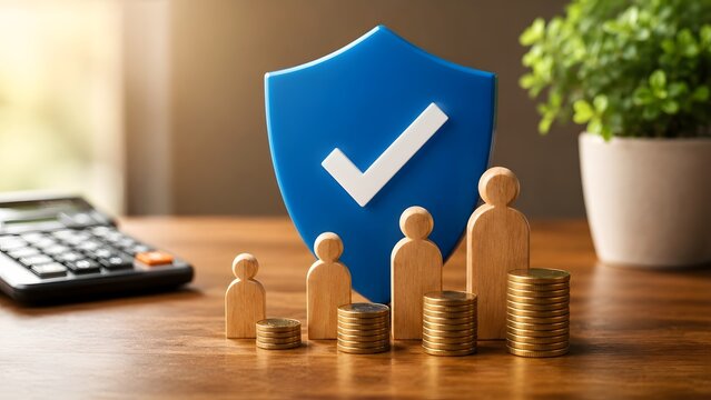 Wooden family figures and growing coin stacks protected by a blue checkmark shield visualizing life insurance, family financial security, and wealth protection.