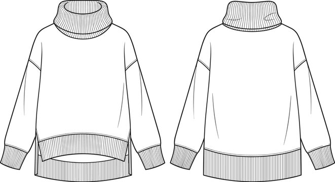 Technical flat sketch vector illustration of an oversized cowl neck sweater with side slits front and back view