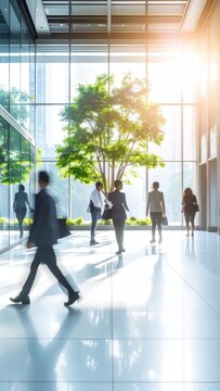Busy business people in a modern office lobby with large windows, bright sunlight, and indoor tree