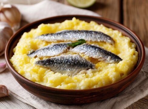 Four whole sardines resting on creamy yellow polenta in a rustic brown bowl