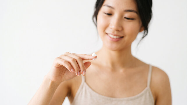 Smiling Asian woman in a camisole adjusting her strap looking down with a gentle expression