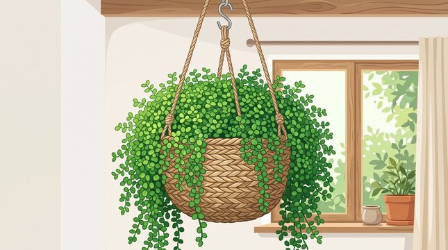 "HANGING STRING OF PEARLS BASKET". Illustration of lush Senecio rowleyanus spilling from a woven jute basket by a sunny window. Perfect for home decor, gardening, boho interior, succulent care, and bo