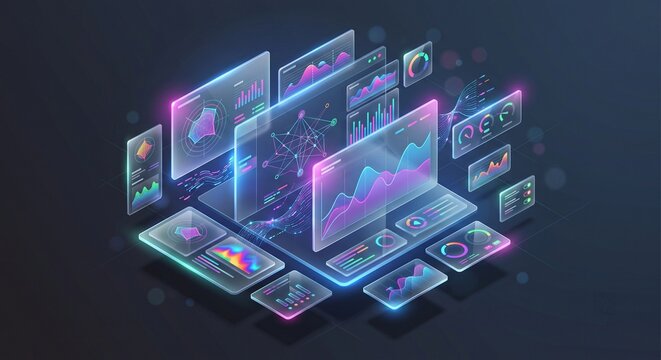 Data analytics panel floating translucent layered glass panels concept