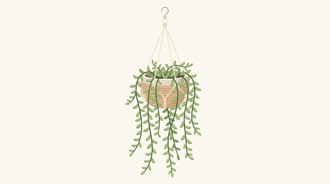 "HANGING SUCCULENT". Flat vector illustration of a trailing string of beads plant in a macrame hanger and woven pot. Minimalist design on cream background. Perfect for home decor, gardening, boho inte