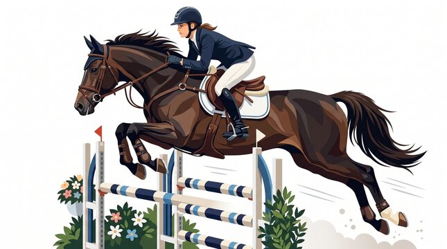 Professional Show Jumping Horse and Rider Clearing Obstacle Vector Illustration