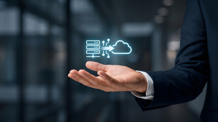 Obraz premium Modern cloud data integration concept displayed in a corporate office