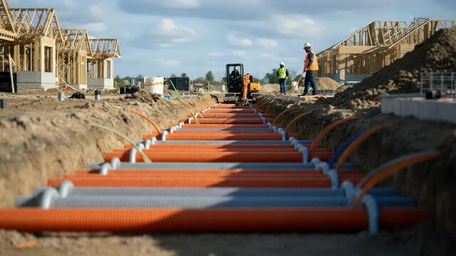 Medium shot capturing the placement of multiple ducts at a new housing development emphasizing the conduit alignment for future telecom infrastructure with workers blurred behind.