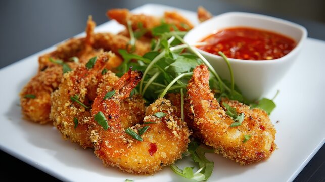 Crispy breaded shrimp served with a spicy red dipping sauce and garnished with fresh greens on a white plate.