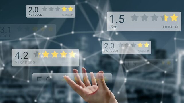 Hand Reaching for Floating Customer Feedback Ratings in Digital Review Interface with Various Star Ratings and Feedback Text Gluon.