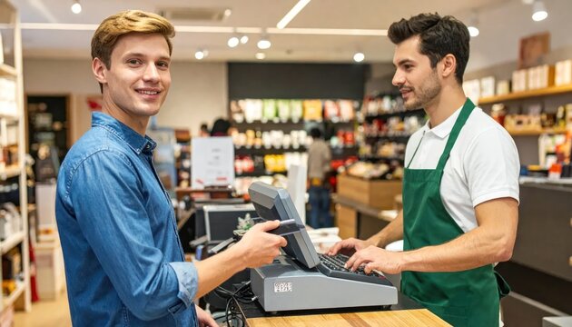 Smiling customer paying cashier at counter in a well-lit grocery store