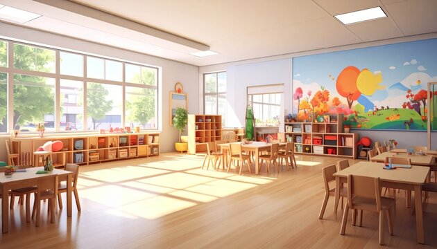 A bright, inviting preschool classroom with natural light and colorful decorations
