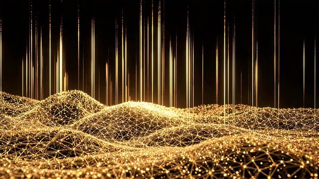 Golden Digital Wave with Glowing Network Mesh and Vertical Light Beams - Futuristic Tech Background