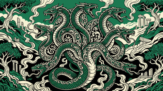Detailed Vector illustration Mythical multi-headed serpent guarding ancient ruins