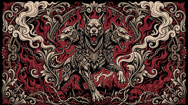 Cerberus three headed hellhound Vector, illustration in flames