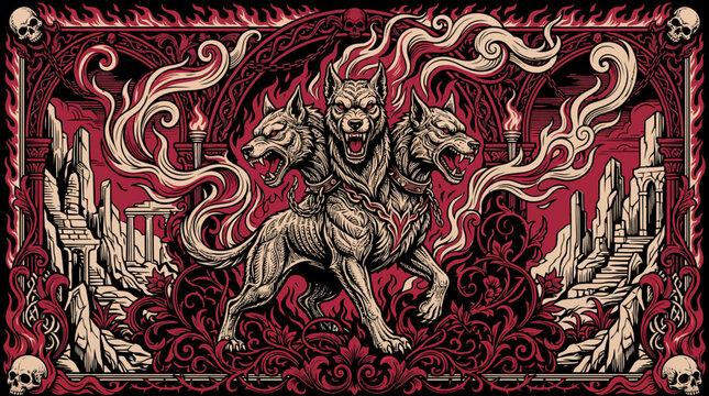 Greek mythology cerberus three headed dog vector illustration