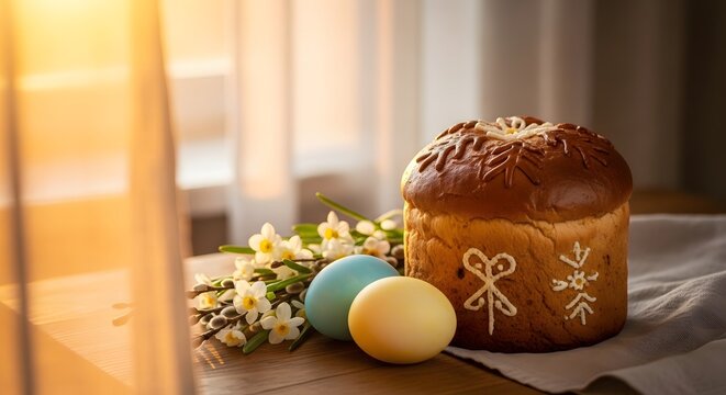 Easter cake with flowers and eggs on a wooden table
