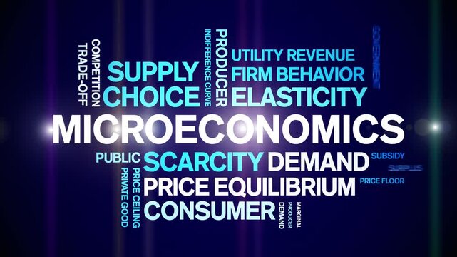 Microeconomics animated word cloud-text design animation tag kinetic typography seamless loop.