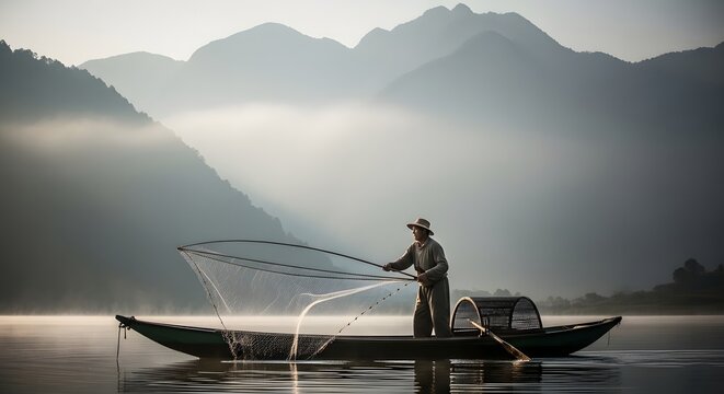 Fisherman casting net on calm lake