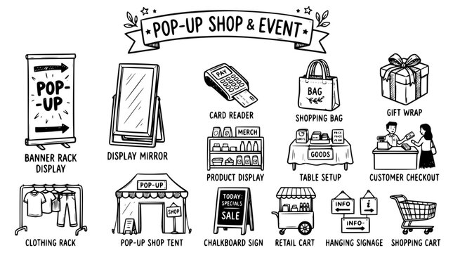 Hand drawn pop up shop event retail icons banner rack display mirror card reader bag wrap, black ink sketch vector illustration
