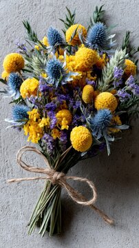 Colorful Dried Flowers Bouquet on Concrete Wall