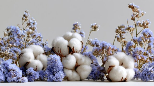Dried White Cotton Pods and Light Blue Statice