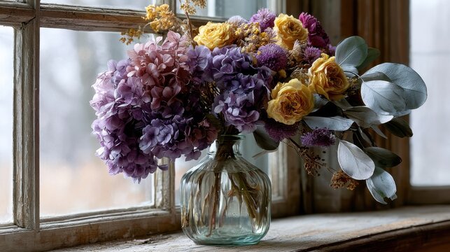 Rich Bouquet of Dried Flowers on a Windowsill