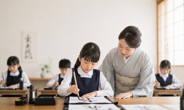 書道を学ぶ小学生に丁寧に指導する先生と習字教室の風景