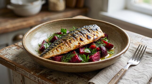 Grilled mackerel fillet served with roasted beetroot in a rustic farmhouse kitchen setting.