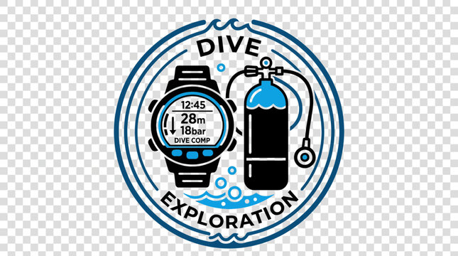 Dive exploration logo with computer watch and tank.