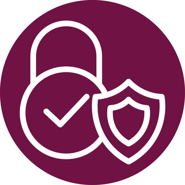 Purple circular badge displaying a white outline of a secure padlock with a checkmark symbol and a protective shield signifying data safety encryption and reliable authentication for digital