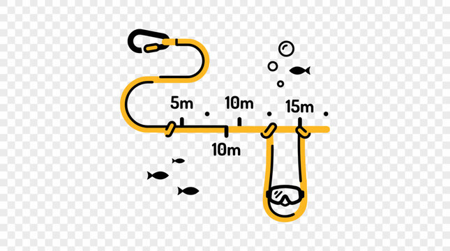 Diving depth diagram with snorkeler and fish icons.
