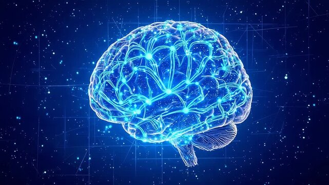 Glowing Digital Human Brain with Neural Activity and Data Flow on Blue Grid Background