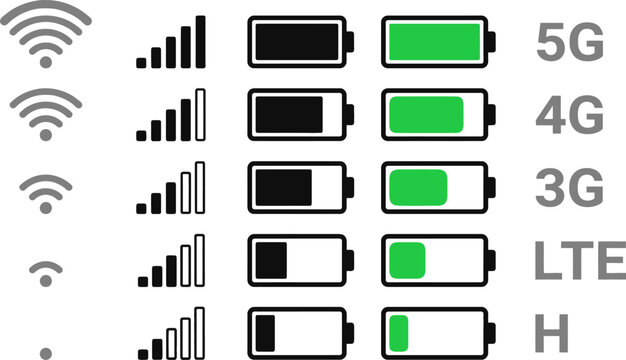 Wireless network signal and battery indicator icon collection for mobile interface isolated on white background