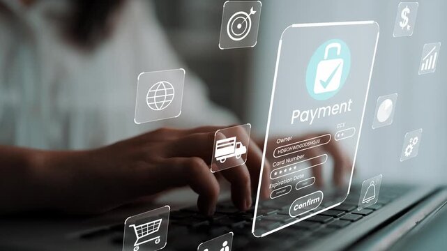Secure Online Payment Process with Digital Interface and Typing Hands on Laptop Keyboard for E-commerce Transactions Gluon.