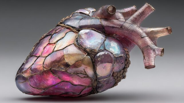 Anatomically correct stained glass heart with iridescent light, mystical and eldritch design, colorful refracted tones, glowing translucent details, surreal artistic concept