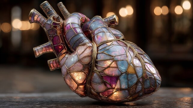 Anatomically correct stained glass heart with iridescent light, mystical and eldritch design, colorful refracted tones, glowing translucent details, surreal artistic concept
