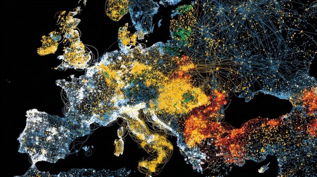 Nighttime map of Europe highlighting population density and urban areas with bright clusters of lights and network-like connections.