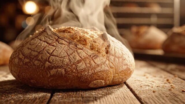 Freshly Baked Artisan Sourdough Loaf Cooling on Rustic Wooden Table with Rising Steam