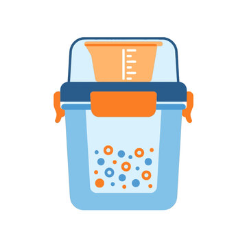 Plastic food storage container with measuring cup and cereal inside