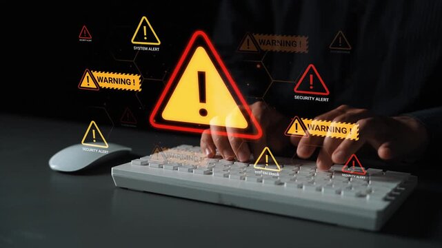 Hands typing on keyboard with glowing security alerts, warning signs, and system notifications, symbolizing cybersecurity threats and digital risks Gluon.
