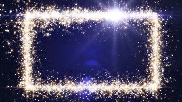 Glowing gold and silver sparkles forming a shimmering rectangular border on a deep blue background