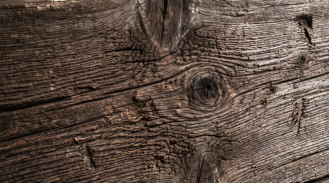 Macro perspective of dark weathered rustic wood texture with deep grain and prominent knots for background