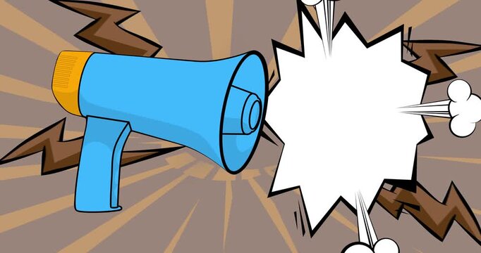 Cartoon Megaphone with blank speech bubble, comic book announcement, attention concept video. Retro comics pop art animation.